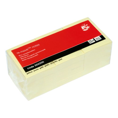 5 Star Office Re-Move Notes Repositionable Pad of 100 Sheets 38x51mm Yellow (Pack of 12)