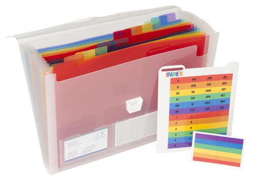 This file provides you with a colourful way to store all of your loose documents, ensuring that they are split into properly organised segments. With different coloured sections it becomes easy to separate all of your work into different areas, meaning that the retrieval of the pertinent information is simple. The product expands to meet your needs, allowing you to store everything that you might need to without any trouble or difficulty. These files fit A4 documents.