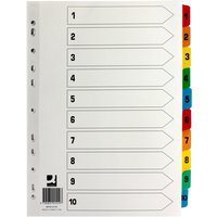 KF01519 | This Q-Connect 1-10 numbered index divider provides a clear and simple filing solution for your everyday office needs. The front index sheet provides space for labelling to make referencing your notes quick and easy. Made from plain white card with multi-coloured Mylar tabs for extra reinforcement. This index comes with pre-printed tabs (1-10) and is multi-punched to fit standard lever arch files or ring binders.