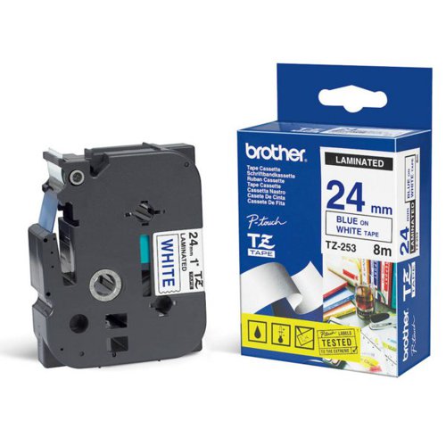 Brother P-Touch TZe Laminated Tape Cassette 24mm x 8m Blue on White Tape TZE253