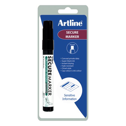 Protect your data and personal information from identity theft with the Artline Secure Marker. It contains special redacting ink which obscures information, stopping it from being easily read, copied or scanned. The redacting pen is ideal for use at home and in the office, as well as in banks, government offices, schools and legal environments.