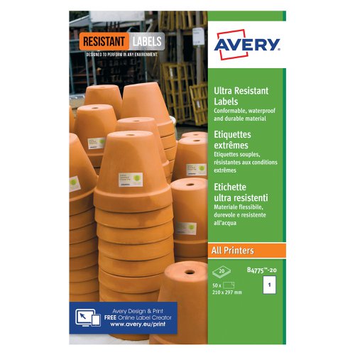 Avery Ultra Resistant Labels 210x297mm (Pack of 20) B4775-20