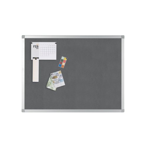 The smooth felt surface of this Q-Connect Noticeboard provides an eye-catching display area for affixing documents. The board comes with a fixing kit for mounting securely to your wall. The anodised aluminium frame features plastic corner caps to conceal the fittings for a flush finish. This grey board measures 1800 x 1200mm.