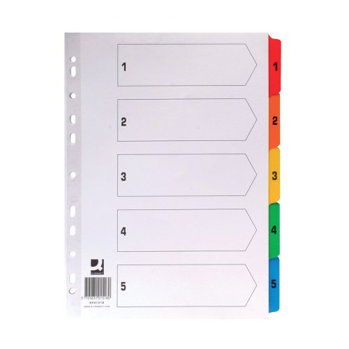 Q-Connect 1-5 Index Multi-punched Reinforced Board Multi-Colour Numbered Tabs A4 White KF01518