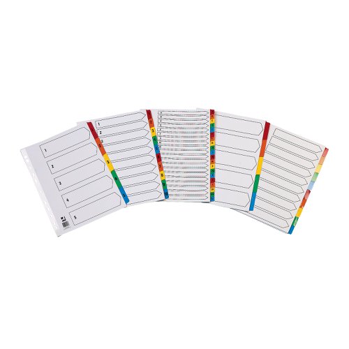 KF01518 | This Q-Connect 1-5 numbered index divider provides a clear and simple filing solution for your everyday office needs. The front index sheet provides space for labelling to make referencing your notes quick and easy. Made from plain white card with multi-coloured Mylar tabs for extra reinforcement. This index comes with pre-printed tabs (1-5) and is multi-punched to fit standard lever arch files or ring binders.