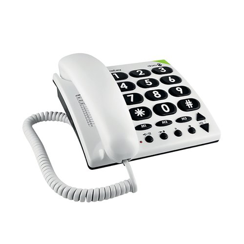 DRO02685 | With large buttons and clear numbers, this Doro Big Button Telephone is perfect for anyone who has trouble with precision dialling or suffers with poor sight. Featuring an adjustable ring-tone volume as well as a selection of different ring tones, this is perfect for noisy environments, with hearing aid support for the hard-of-hearing. The phone can be wall mounted for ease and also features a light to indicate incoming calls.