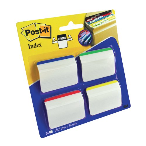 3M93619 | These Post-it Index Angled Filing Tabs provide an easy way to mark and highlight important information in an instant. With Post-it removable adhesive, you can easily apply, remove and readjust the index tabs as necessary, whether you're highlighting parts of a document or marking relevant pages in a book. The extra large tabs measure 50.6 x 38mm (2 x 1.5 inch), providing a larger area to write on and are angled for easy reference. The durable, extra thick tabs are designed for long lasting use. This pack contains 24 index tabs with blue, yellow, red and green coloured tips.