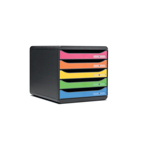 This Exacompta Iderama Big Box Plus 5 Drawer Set is suitable for storage of A4 plus documents. The drawer set is stackable and features a smooth drawer action with stops. Finished in bright Harlequin colours, this 5 drawer set measures W278 x D347 x H271mm and comes with label holders included.