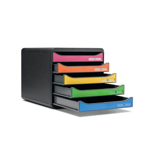 This Exacompta Iderama Big Box Plus 5 Drawer Set is suitable for storage of A4 plus documents. The drawer set is stackable and features a smooth drawer action with stops. Finished in bright Harlequin colours, this 5 drawer set measures W278 x D347 x H271mm and comes with label holders included.