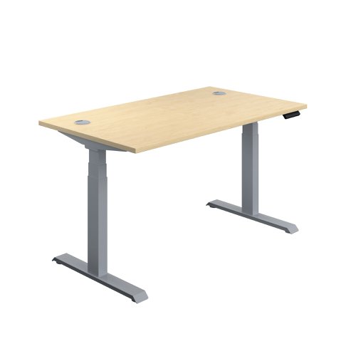 This Jemini Sit/Stand Desk features 3 stage height adjustability with a digital display and 4 pre-set buttons for an easy transition between sitting and standing. The 25mm thick desktop is mounted on sturdy cantilever legs and features dual cable management ports. This desk measures 1400x800x630-1290mm and comes with silver legs.