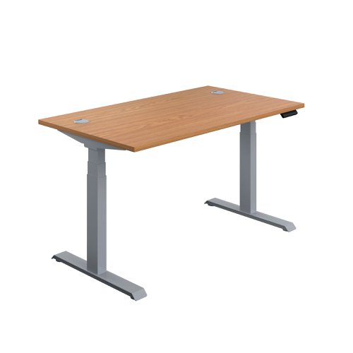 This Jemini Sit/Stand Desk features 3 stage height adjustability with a digital display and 4 pre-set buttons for an easy transition between sitting and standing. The 25mm thick desktop is mounted on sturdy cantilever legs and features dual cable management ports. This desk measures 1400x800x630-1290mm and comes with silver legs.