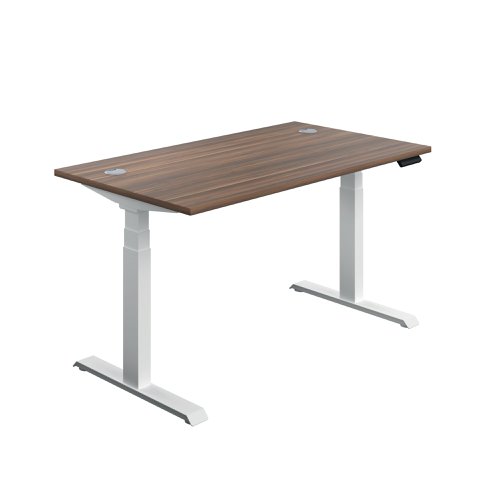 This Jemini Sit/Stand Desk features 3 stage height adjustability with a digital display and 4 pre-set buttons for an easy transition between sitting and standing. The 25mm thick desktop is mounted on sturdy cantilever legs and features dual cable management ports. This desk measures 1400x800x630-1290mm and comes with white legs.