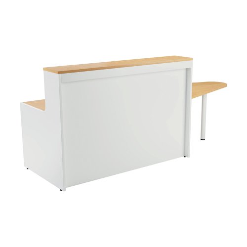 With clean and elegant lines, this Jemini Reception Unit is ideal for use in a variety of reception areas. The modular design features a built-in modesty board as standard, as well as a sturdy 25mm thick desktop. The extension unit allows extra desk space or to allow access for wheelchair users. This reception unit features a white base with a top finished in Nova Oak.