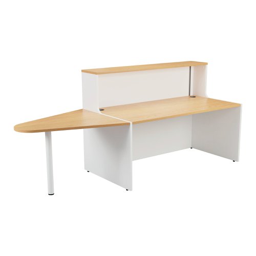 With clean and elegant lines, this Jemini Reception Unit is ideal for use in a variety of reception areas. The modular design features a built-in modesty board as standard, as well as a sturdy 25mm thick desktop. The extension unit allows extra desk space or to allow access for wheelchair users. This reception unit features a white base with a top finished in Nova Oak.