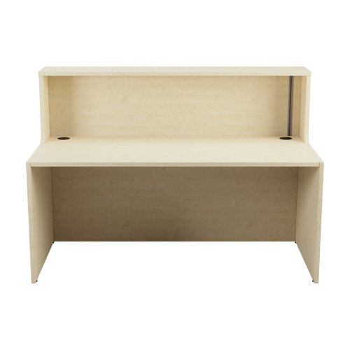 With clean and elegant lines, this Jemini Reception Unit is ideal for use in a variety of reception areas. The modular design features a panel end construction incorporating a fixed riser unit. The unit has a sturdy 25mm thick desktop. This reception unit measures 1400x800x740mm and is finished in Maple.