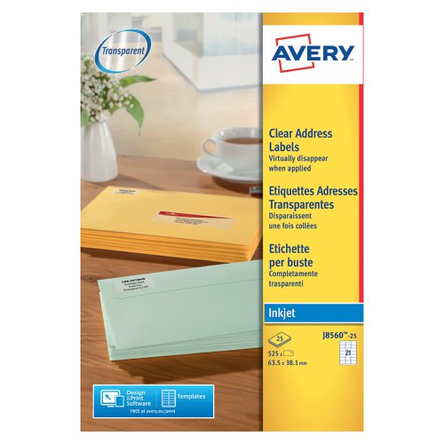 Avery Inkjet Address Labels 21 Per Sheet Clear (Pack of 525) J8560-25