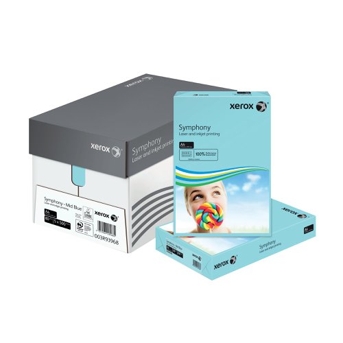 Looking to add some colour to your life? Xerox A4 Symphony Mid-Blue Paper helps your documents stand out from the pack. Created according to the exacting standards applied to all Xerox products, it has the same smooth surface, printability and excellent opacity we have come to expect. Designed for high speed, high volume printing and compatible with all laser, inkjet and copier printers, this 80gsm paper is nothing less than the very best.