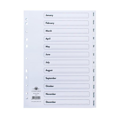 Concord January-December Index Polypropylene A4 White RTC