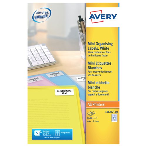 Avery Laser Mini Labels 46mmx11.1mm 84 Per Sheet White (8Pack of 400) L7656-100 | AV00039 | Avery UK