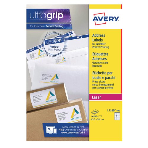 Avery Ultragrip Laser Labels 63.5x38.1mm Wht (Pack of 10500) L7160-500 | Avery UK