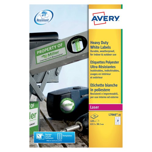 Avery Laser Label Heavy Duty 21 Per Sheet White (Pack of 420) L7060-20 | Avery UK