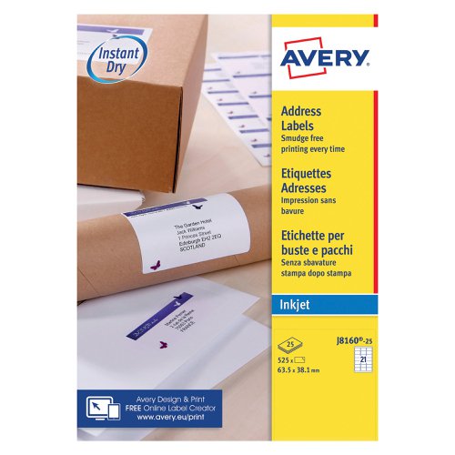 For use with inkjet printers, these Avery address labels feature QuickDRY technology for smudge-free printing. The labels provide outstanding print quality and excellent adhesion for reliable, professional mailing. Each white label measures 63.5 x 38.1mm. This pack contains 25 A4 sheets, with 21 labels per sheet (525 labels in total). Redeem an Avery voucher or a shopping voucher worth up to  £15! (averyrewardsclub.co.uk).