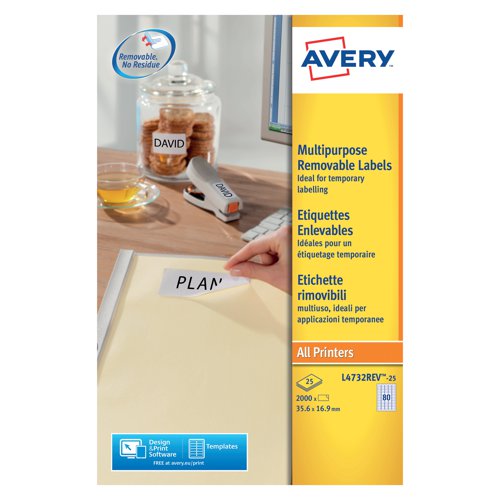 Avery Removable Labels 80 Per Sheet White (Pack of 2000) L4732REV-25 | AV10636 | Avery UK