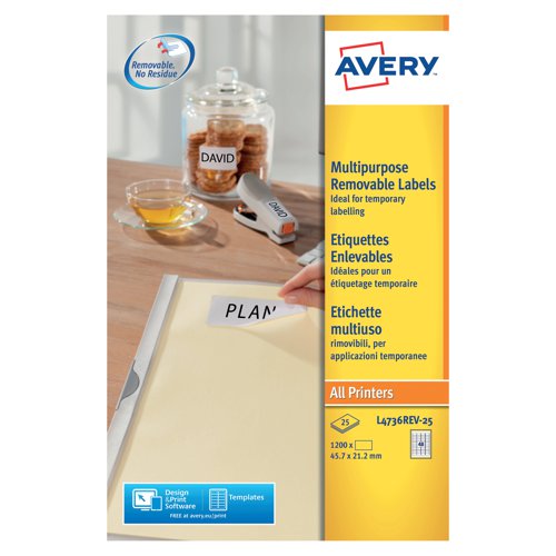 Avery Removable Labels 48 Per Sheet White (Pack of 1200) L4736REV-25 | AV10637 | Avery UK