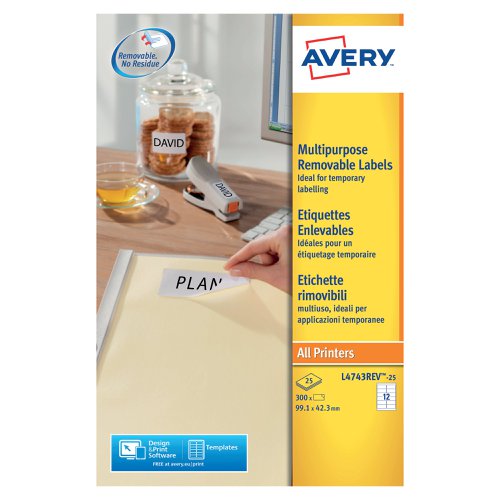 Avery Removable Labels 12 Per Sheet White (Pack of 300) L4743REV-25