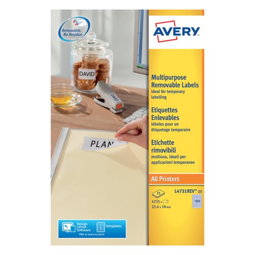 Avery Laser Mini Labels 25.4x10mm 189 per sheet White (4725 Pack) L4731REV-25