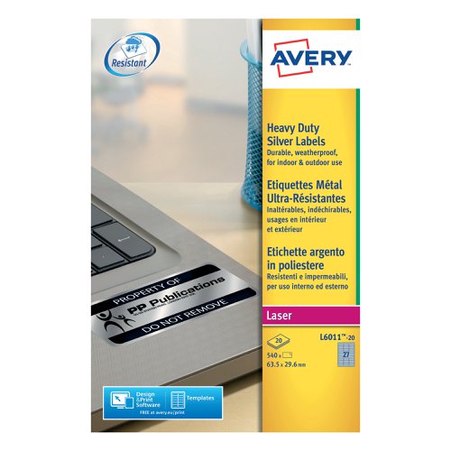 Avery Laser Label H/Duty 27 Per Sheet Silver (Pack of 540) L6011-20