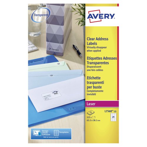 Avery Laser Address Labels 21 Per Sheet Clear (Pack of 525) L7560-25