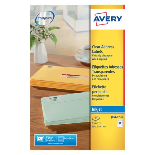 Avery Inkjet Address Labels 14 Per Sheet Clear (Pack of 350) J8563-25 | Avery UK