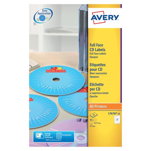 Avery White Full Face CD DVD Laser Label 2 Per Sheet (Pack of 50) L7676-25