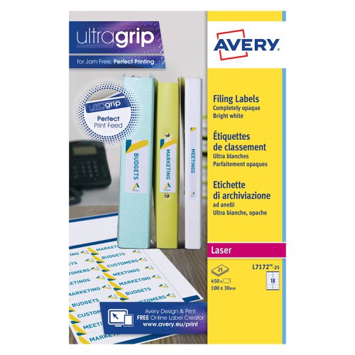 Avery Laser Ring Binder Label 100mmx30mm 18 Per Sheet White (Pack of 450) L7172-25 | AVL7172 | Avery UK