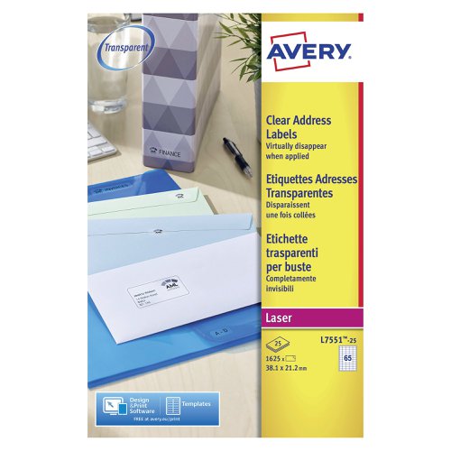 Avery Laser Mini Labels 38x21mm 65 Per Sheet Clear (16Pack of 25) L7551-25