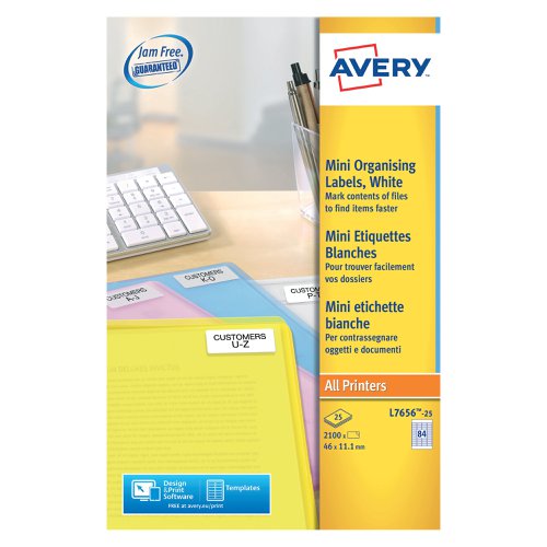 Avery Laser Labels 46x11.11mm 84 Per Sheet White (Pack of 2100)L7656-25 | AVL7656 | Avery UK