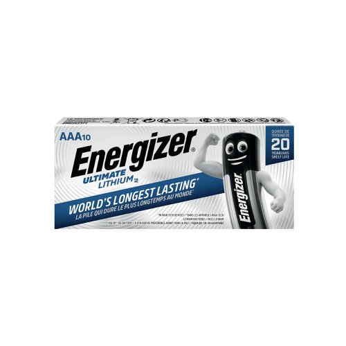 Fed up with short-lived alkaline batteries letting you down? Packed with extra power, Energizer Ultimate Lithium Batteries provide long-lasting energy for all your power-hungry electronic devices. Reliable lithium-based technology ensures these AAA batteries will last up to five times longer than comparable alkaline batteries. This pack of ten batteries is perfect for digital cameras, electronic games, portable media players and more.