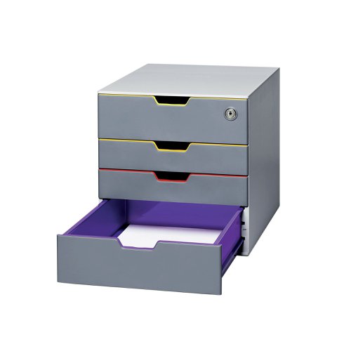 Stylish drawer box with four colourful drawers made from premium quality plastic. The top drawer is lockable with a cylinder lock for the storage of confidential documents and personal belongings. Each drawer is a different colour making it easy to organise documentation. The drawers open smoothly and include drawer stops. Featuring transparent labelling windows and EDP-printable label inserts which are and easy to exchange. These stackable sets include plastic feet to prevent skidding. Suitable for holding A4, C4, folio and letter size formats, the drawer unit measures W292 x D356 x H280mm.