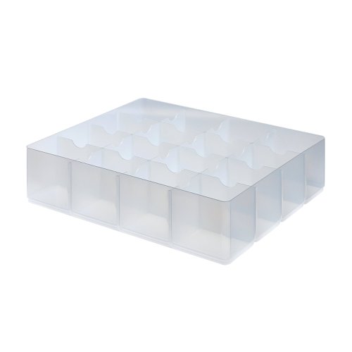 This handy large tray fits StoreStack 24 litre boxes (2 trays per box) and 36 litre boxes (3 trays per box), and features fixed plastic dividers, which create 16 compartments for customisable use. Ideal for organising stationery, tools, and other small items, this pack contains 1 large, clear tray. (Box not Included).