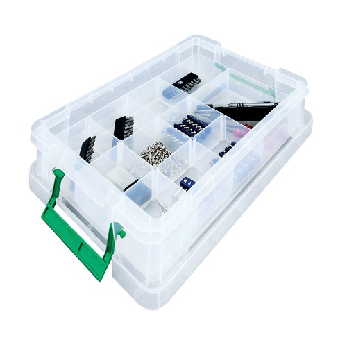 This handy large tray fits StoreStack 24 litre boxes (2 trays per box) and 36 litre boxes (3 trays per box), and features fixed plastic dividers, which create 16 compartments for customisable use. Ideal for organising stationery, tools, and other small items, this pack contains 1 large, clear tray. (Box not Included).