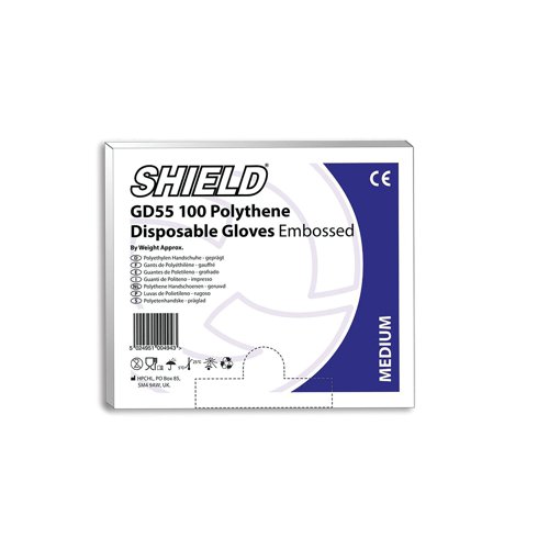 Shield Embossed Polythene Disposable Glove Clear Medium Use with Dispensers (Pack of 100) GD55 - M Disposable Gloves HEA00494