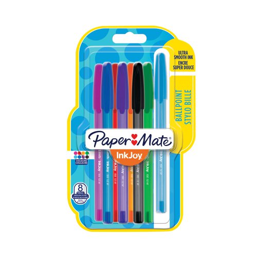 GL95719 | The Paper Mate InkJoy system aims to put the joy back in writing with a unique low viscosity ink that flows easier for smooth writing with less drag. It also features a improved nib that delivers clear and crisp lines. The InkJoy 100 features a neat triangular shape that provides extra comfort to your fingers and gives precise control for any kind of writing or drawing. Supplied in a pack of 8 pens in assorted colours.