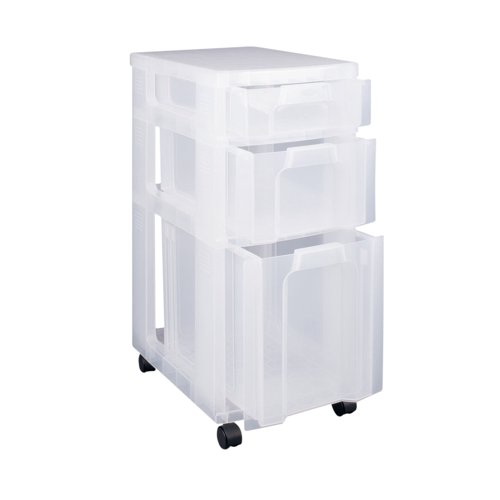 Ideal for office, school or home storage and organisation, the Really Useful Clear Plastic Storage Tower lives up to its name, providing you with space for a range of items. This item has three separate draws, 7 litre and 12 litre for the storage of loose items and a 25 litre drawer that is suitable for use with A4 suspension files. Castors ensure that it is not difficult to move and position your tower to place it in an area that is convenient to you.