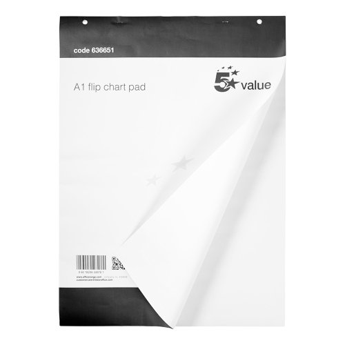 FS636651 | 5 Star Value is a competitive range of office stationery. This plain flipchart pad with its sturdy, top binding is the ideal stationery item for offices, schools or colleges. This flip chart pad is ideal for all your general writing needs. It features top binding, which keeps the pages secure and ensures that you will not lose any important notes. With perforations along the top, it is easy to tear off a single page without affecting any of the others.