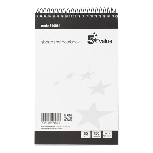 5 Star Value Shorthand Pad Wirebound 60gsm Ruled 300pp 127x200mm Black/White (Pack of 5) FS646964