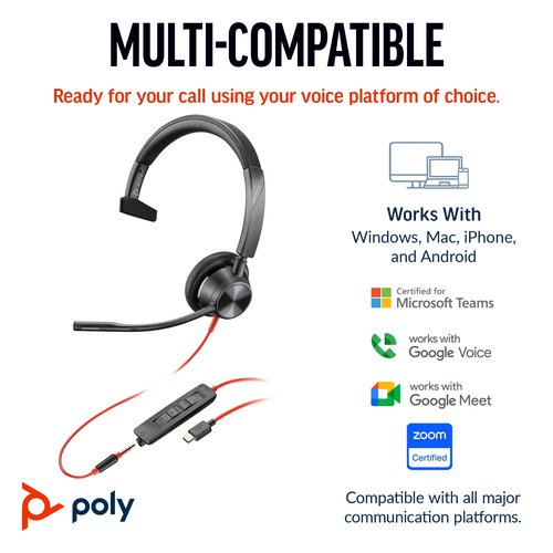 Poly Blackwire 3315 Monaural 3.5mm + USB-C/A Headset 8X217AA