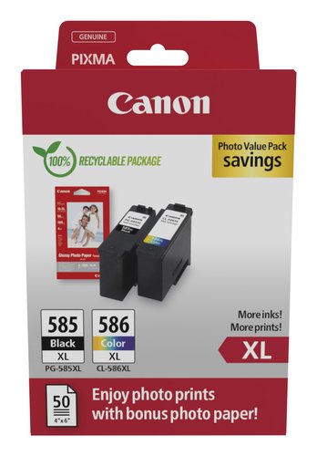 Canon PG-585XL/CL-586XL Ink Cartridges High Yield K/CMY + 4 x 6 in Photo Paper Value Pack 6204C005