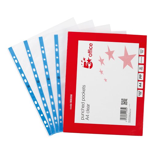 5 Star Office Punched Pocket Polypropylene Embossed Blue Strip Top-opening A4 Clear (Pack of 100)