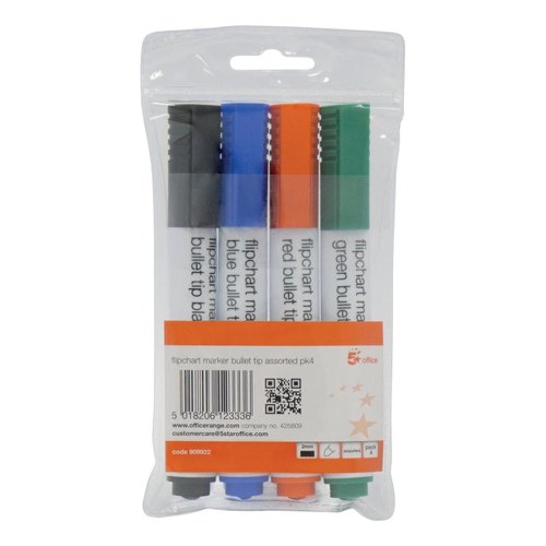 5 Star Office Flipchart Marker Bullet Tip Water-based 2mm Line Wallet Assorted Colours (Pack of 4) | VOW